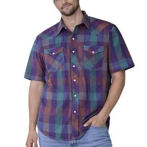 Vintage 1999 Wrangler Western Pearl Snap Plaid Shirt L Purple Teal Cowboy Ranch